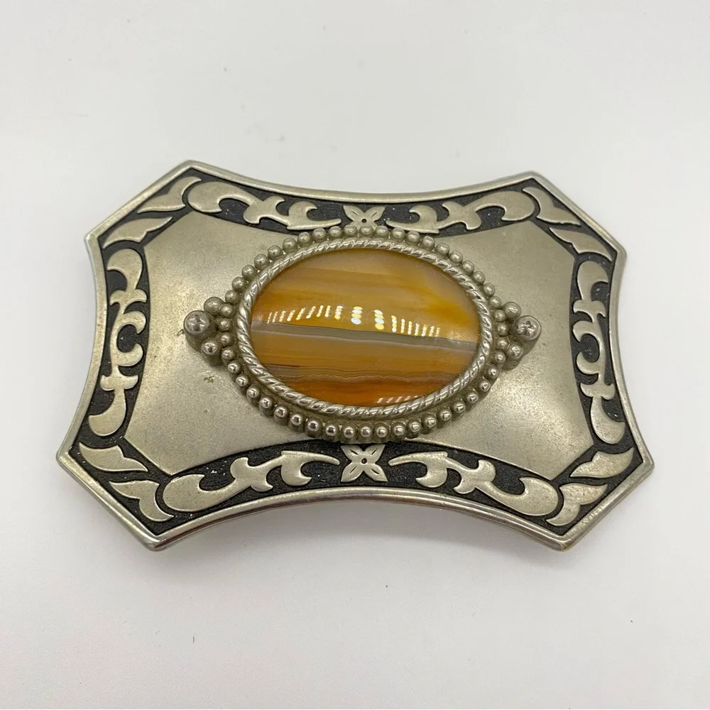 Western Silver Tone Belt Buckle Faux Banded Amber Agate & Black Scrollwork